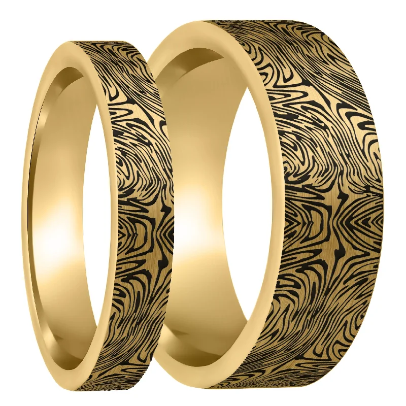 Unique women’s wedding rings-Damascus Steel Pattern Engraved Brushed Gold Tungsten Couple's Matching Wedding Band Set