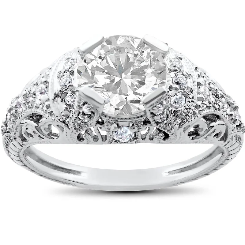 Women’s round-cut engagement rings-Vintage Enhanced Diamond Engagement Ring 1 1/5ct 14K White Gold