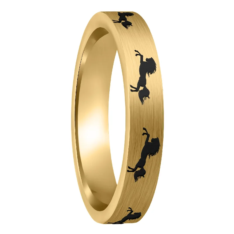 Customizable rings for women-Rearing Horse Brushed Gold Tungsten Women's Wedding Band