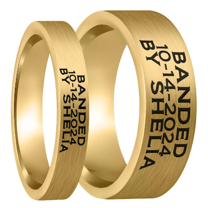 Women’s solitaire diamond rings-Duck Band Custom Engraved Brushed Gold Tungsten Couple's Matching Ring Set