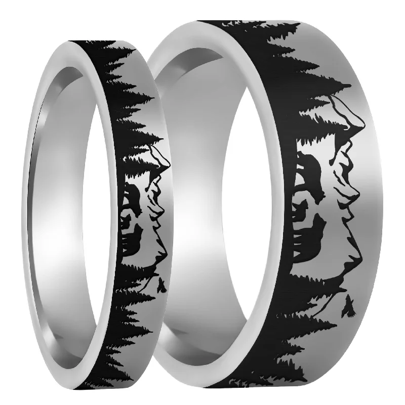 Women’s pearl and diamond rings-Bear & Cubs Landscape Scene Tungsten Couple's Matching Wedding Band Set