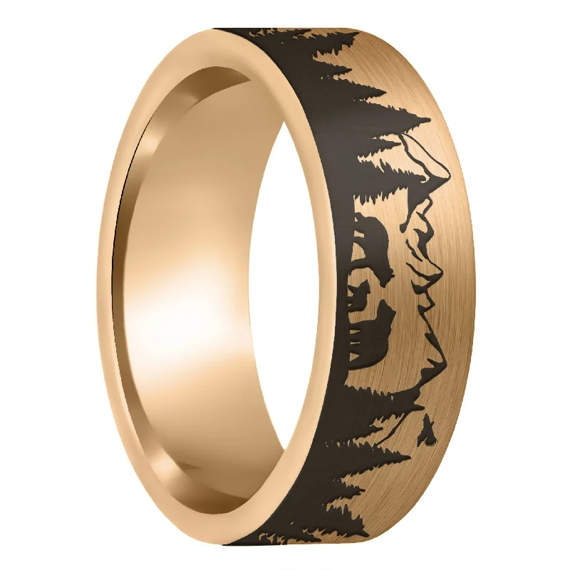 Women’s fashion rings-Bear & Cubs Landscape Scene Brushed Rose Gold Tungsten Men's Wedding Band