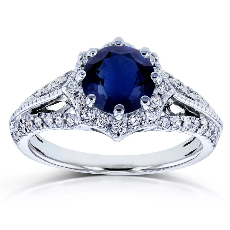 Women’s lab-grown diamond engagement rings-Annello by Kobelli 14k White Gold Blue Sapphire and 1/3ct TDW Diamond Star Halo Engagement Ring (H-I, I1-I2)