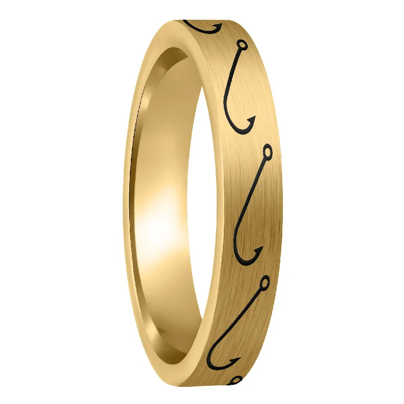 Women’s anniversary rings-Simple Fishing Hook Brushed Gold Tungsten Women's Wedding Band