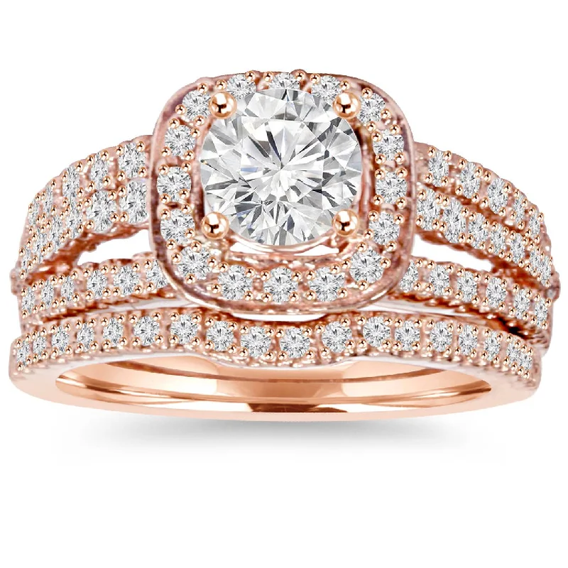 Women’s antique engagement rings-1.50CT Cushion Halo Diamond Engagement Ring Set 14K Rose Gold