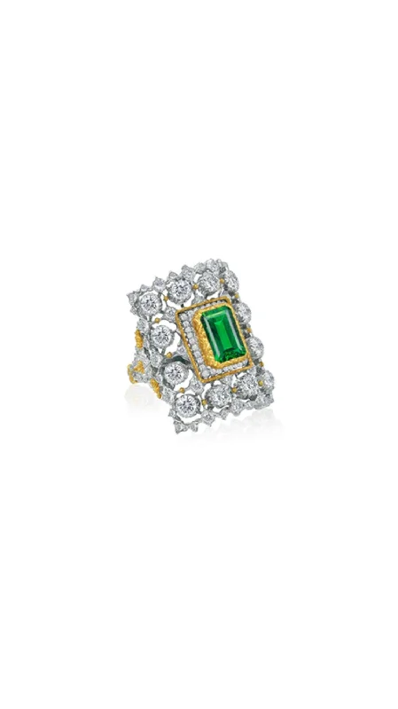 Women’s diamond engagement rings-Buccellati Emerald Ring with Diamonds in 18k White Gold