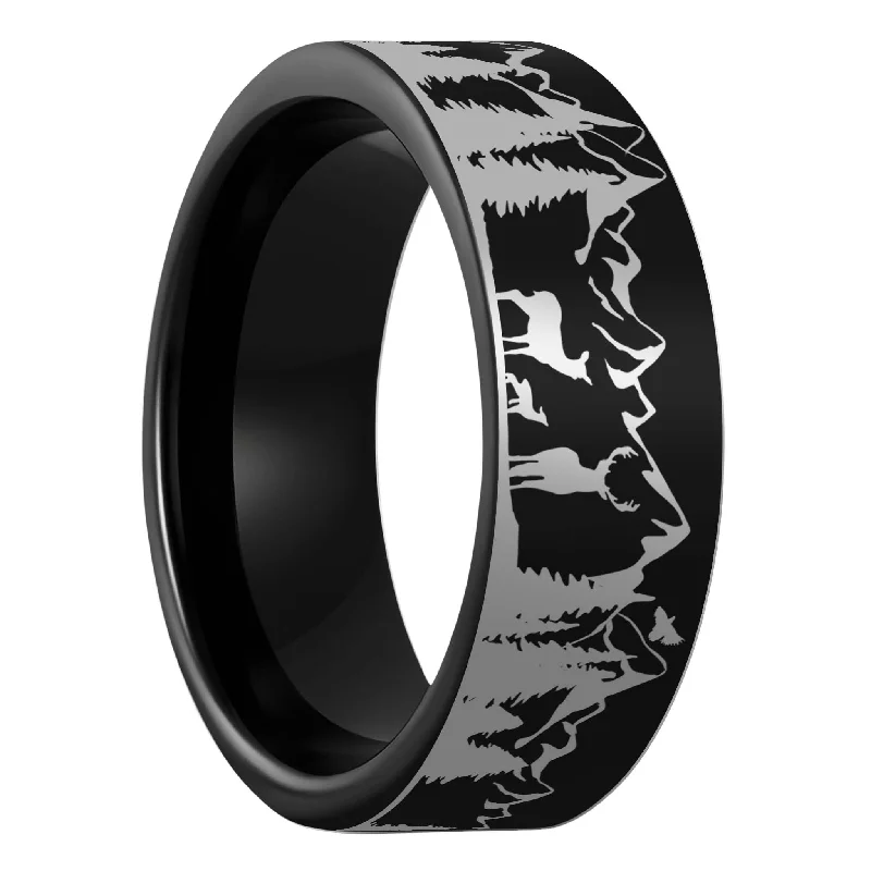 Women’s wedding rings with gemstones-Deer & Mountain Range Black Tungsten Men's Wedding Band