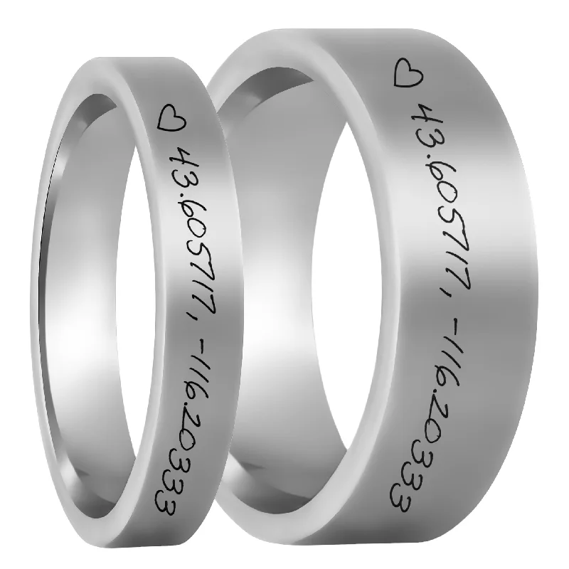 Women’s cubic zirconia rings-Custom Handwritten Coordinates Tungsten Couple's Matching Ring Set