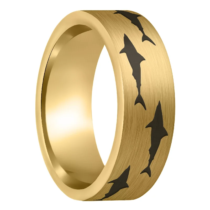 Women’s birthstone rings-Shark Brushed Gold Tungsten Men's Wedding Band