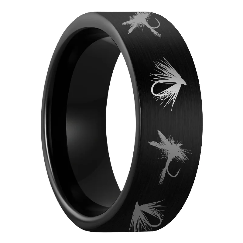 Women’s rings with gold plating-Fly Fishing Lures Brushed Black Tungsten Men's Wedding Band