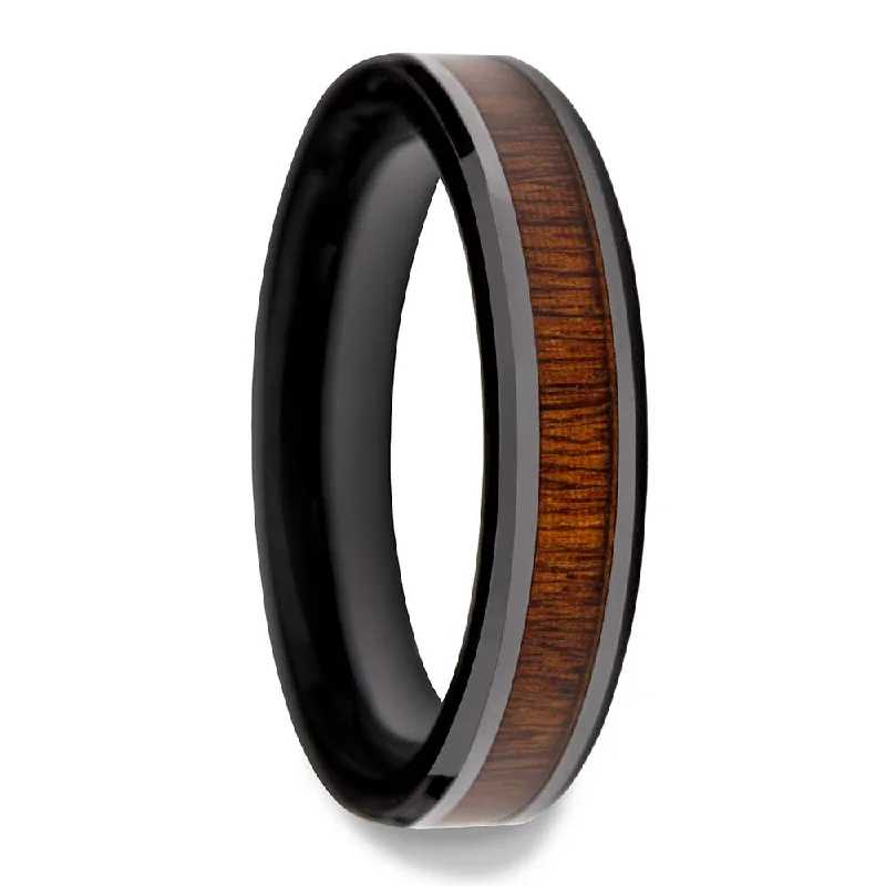 Women’s eternity diamond rings-Black Ceramic Women's Wedding Band with Rosewood Inlay