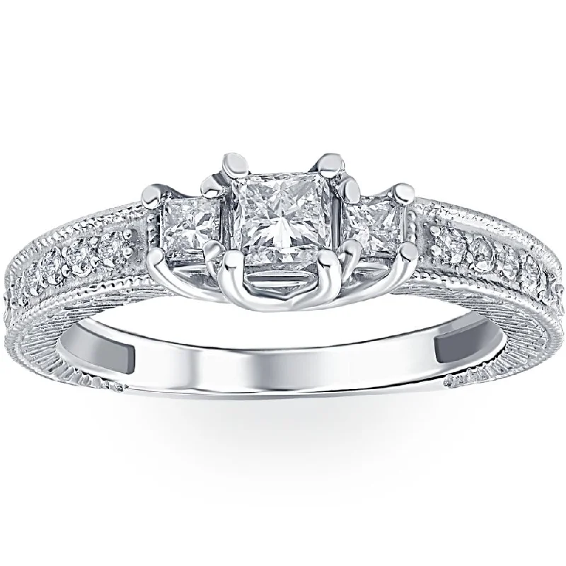 Women’s lab-grown diamond engagement rings-1/2ct Vintage Three Stone Princess Cut Diamond Engagement Ring 14K White Gold