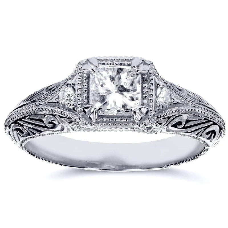 Women’s cushion cut engagement rings-Annello by Kobelli 14k White Gold 5/8ct TDW Diamond Antique Filigree Engagement Ring