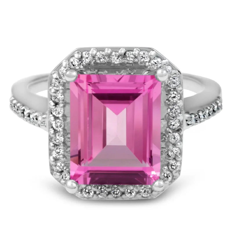 Women’s multi-stone engagement rings-4 1/2ct Pink Topaz & Diamond Vintage Halo Engagement Ring White Gold