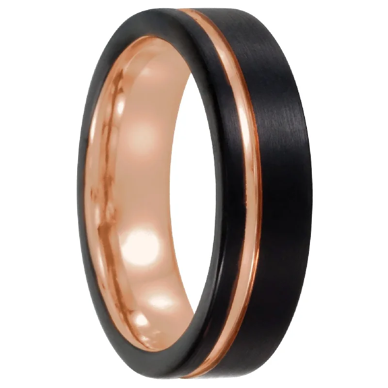 Women’s wedding band rings-Rose Gold Asymmetrical Grooved Black Tungsten Men's Wedding Band