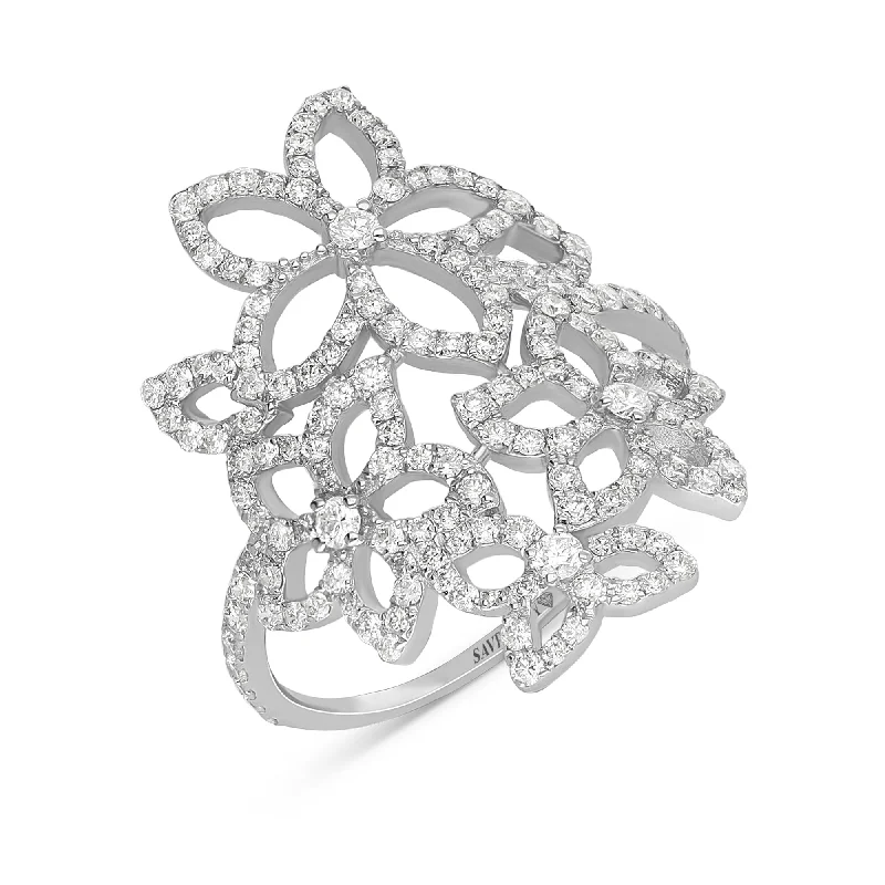 Women’s vintage diamond engagement rings-Clustered Flowers Shaped Pave Diamond Elongated Ring