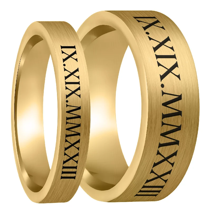 Women’s gemstone rings-Roman Numeral Date Brushed Gold Tungsten Couple's Matching Wedding Band Set