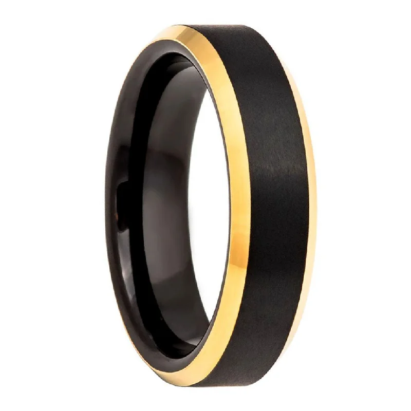 Women’s vintage wedding rings-Black Tungsten Women's Wedding Band with Gold Edges