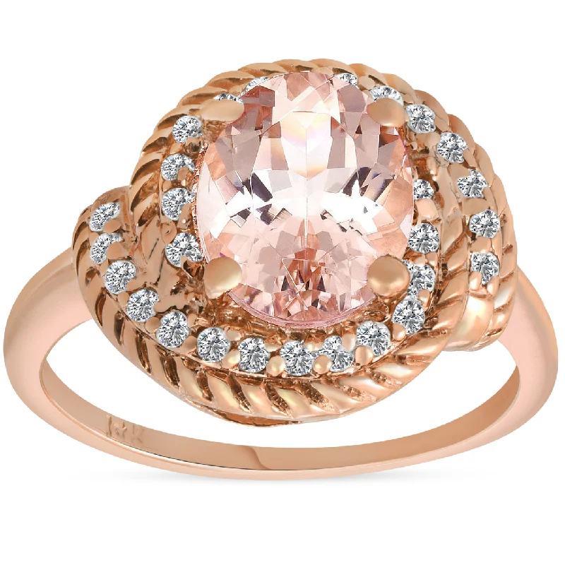 Women’s floral engagement rings-1 3/4ct Morganite Diamond Vintage Halo Engagement Anniversary Ring 14K Rose Gold