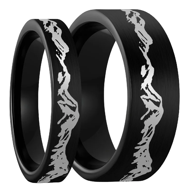 Women’s vintage wedding rings-Mountain Range Brushed Black Tungsten Couple's Matching Wedding Band Set