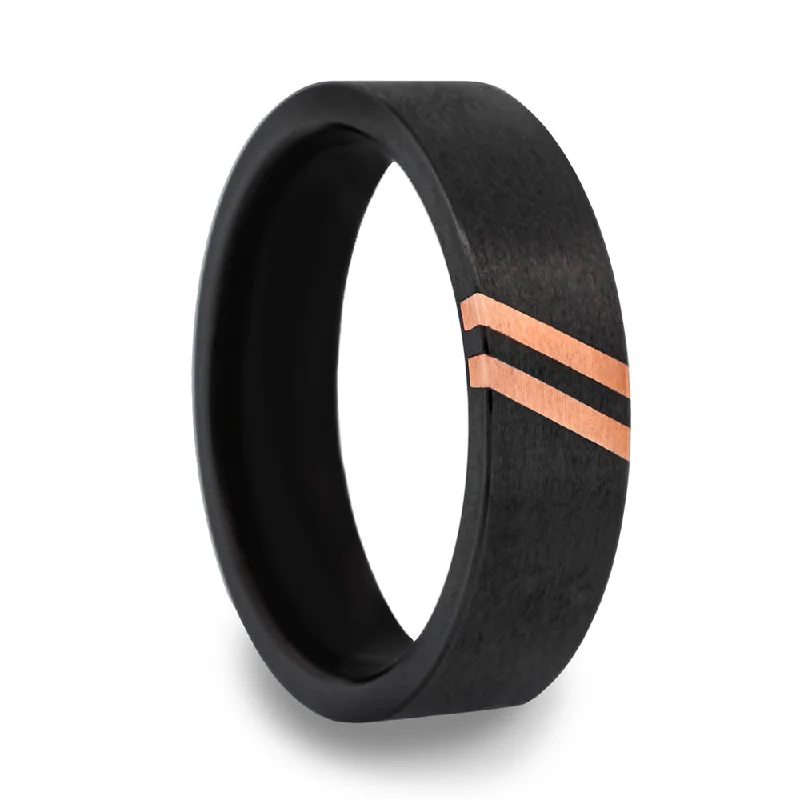 Women’s anniversary rings-Zirconium Wedding Band with Dual 14k Rose Gold Diagonal Grooves