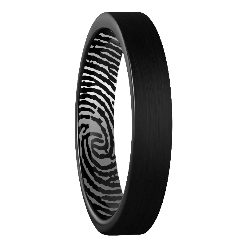 Women’s simple gold rings-Custom Inside Fingerprint Brushed Black Tungsten Women's Ring