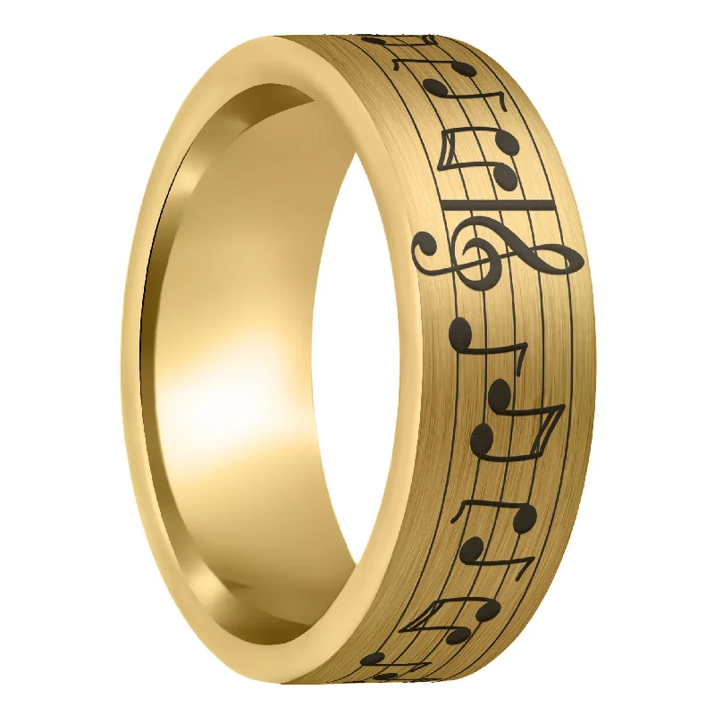 Women’s silver statement rings-Music Notes Brushed Gold Tungsten Men's Wedding Band