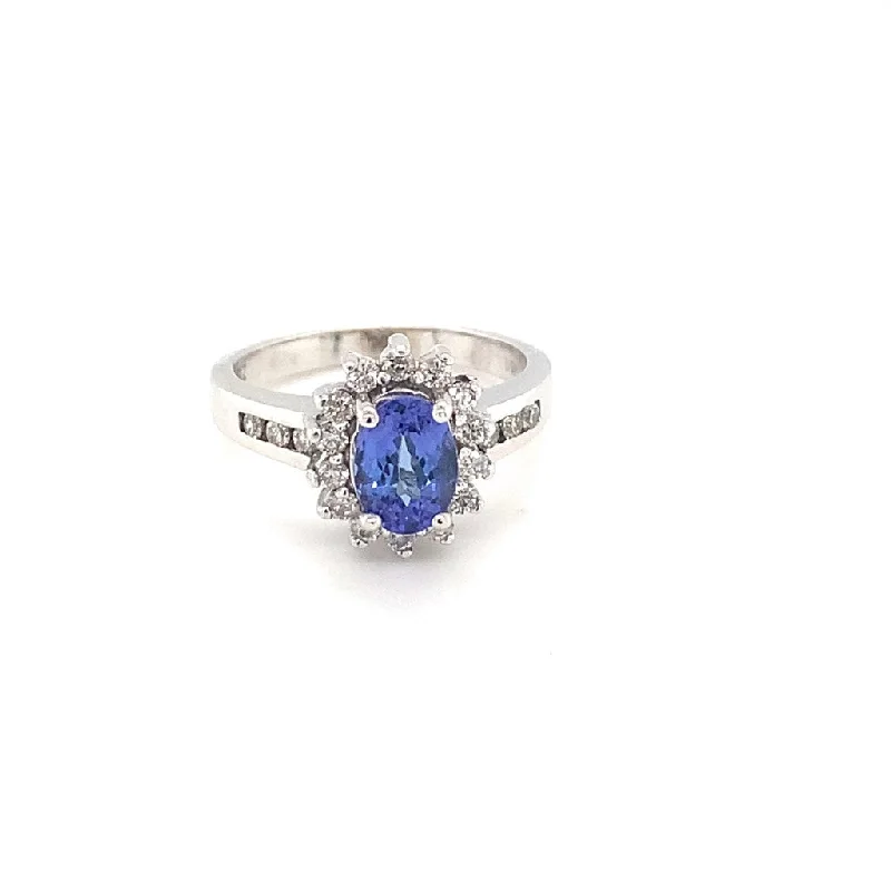 Women’s marquise engagement rings-14k White Gold Oval Tanzanite and Diamond Halo Ring