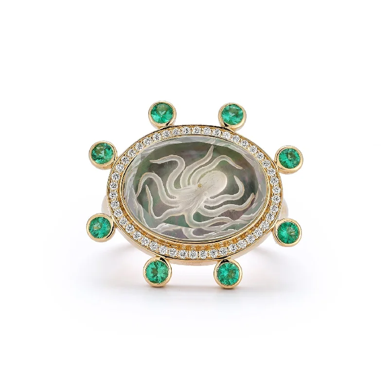 Women’s classic engagement rings-Large Octopus Caspian Ring- Grey Mother-of-Pearl, Diamond and Emerald