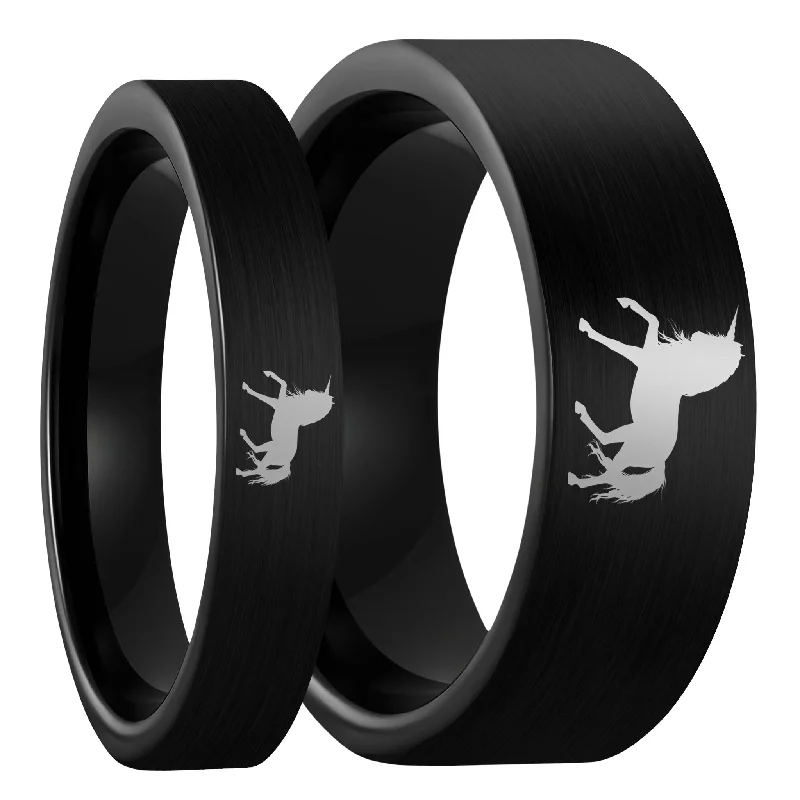 Women’s band rings-Unicorn Brushed Black Tungsten Couple's Matching Wedding Band Set