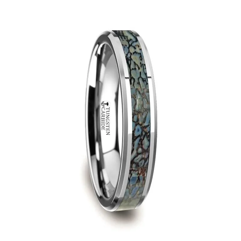 Women’s trendy stackable rings-Blue Dinosaur Bone Inlaid Tungsten Women's Wedding Band