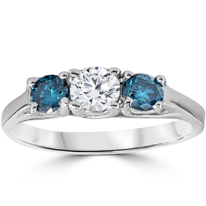 Women’s vintage rose gold engagement rings-3/4ct 3 Stone Blue & White Diamond Trellis Engagement Ring 14K White Gold