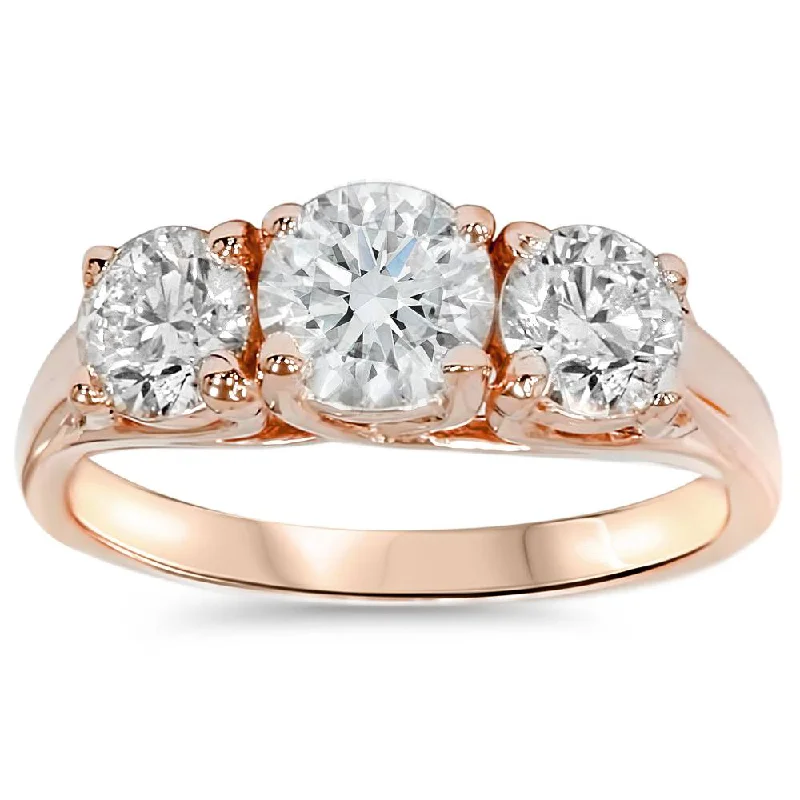 Women’s cushion and round-cut engagement rings-1 3/8ct 3-Stone Diamond Engagement Ring 14K Rose Gold Past Present Future