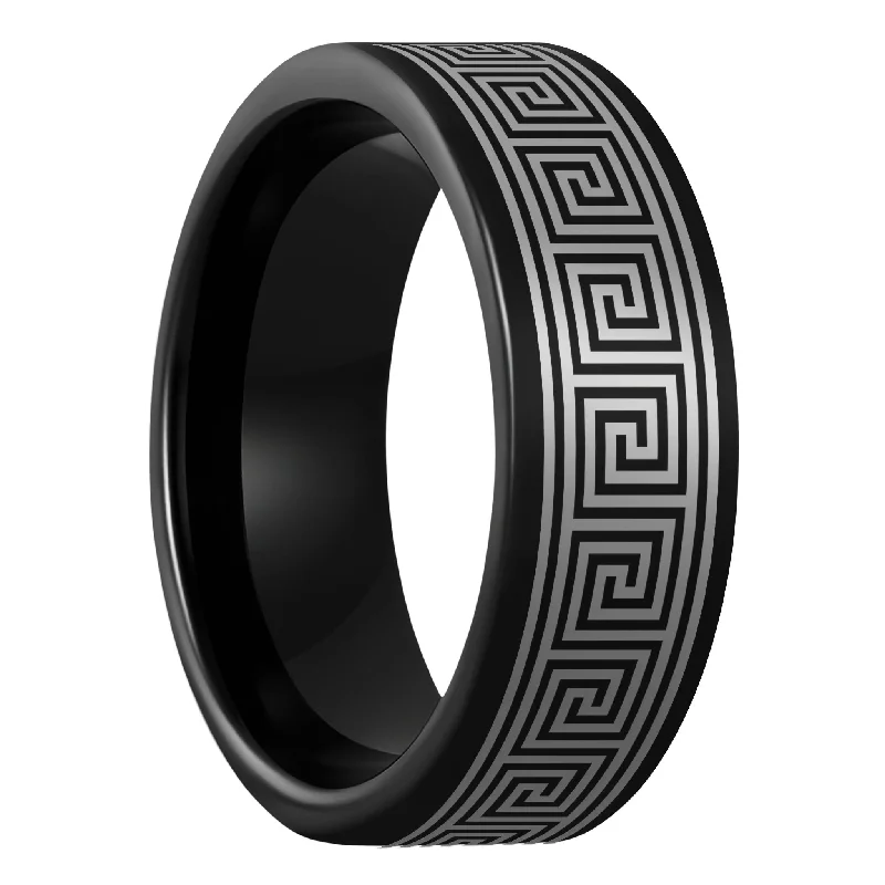 Women’s simple gold rings-Greek Key Black Tungsten Men's Wedding Band