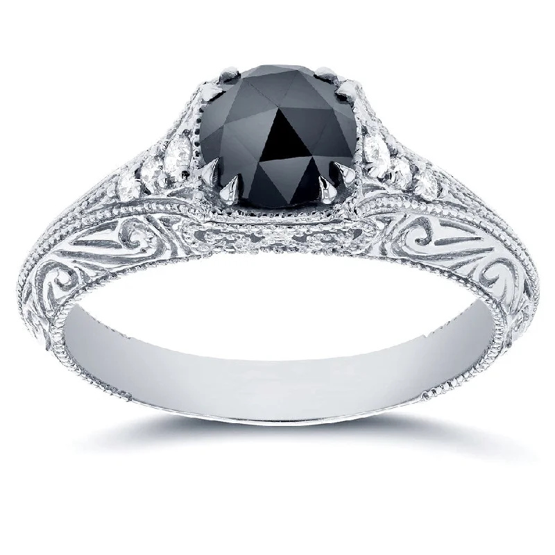 Women’s engraved engagement rings-Annello by Kobelli 14k White Gold 1ct TDW Black and White Diamond Antique Filigree Engagement Ring