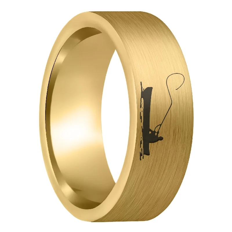 Women’s band rings-Fisherman Boat Scene Brushed Gold Tungsten Men's Wedding Band