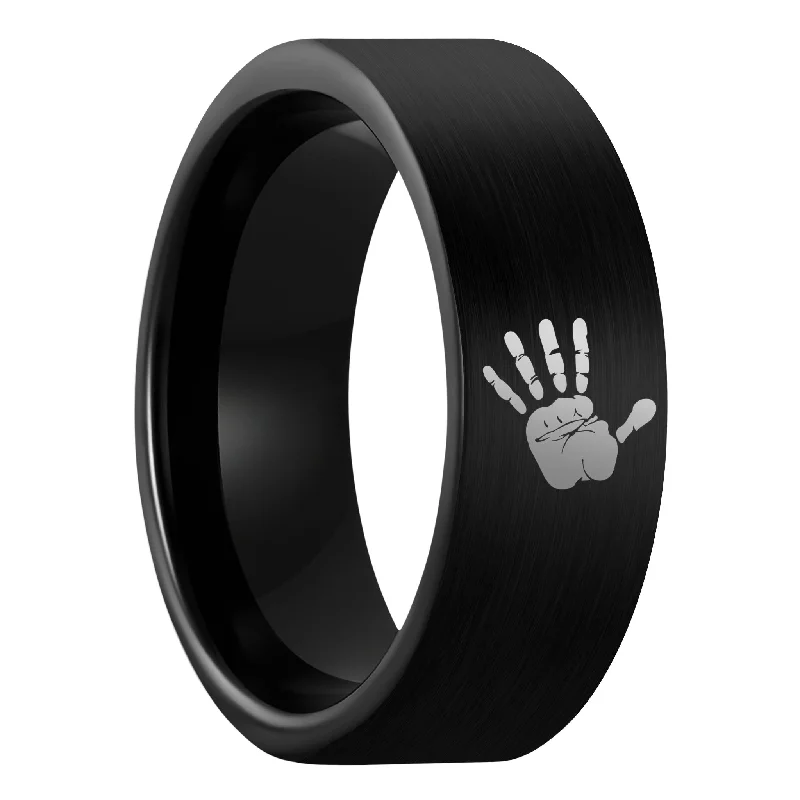 Unique women’s wedding rings-Custom Handprint Brushed Black Tungsten Men's Ring