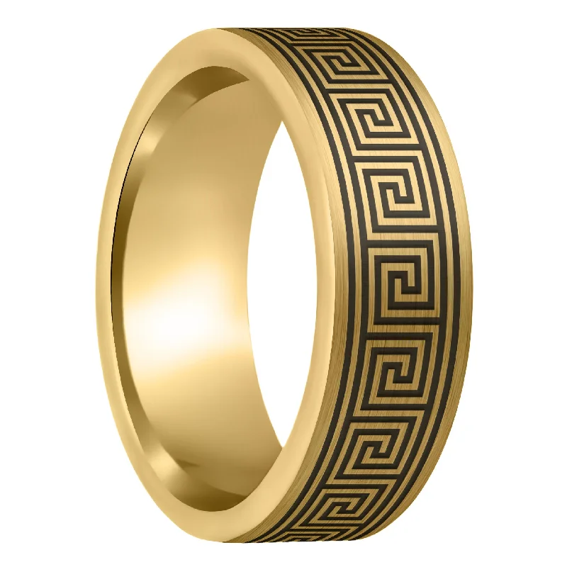 Women’s gold rings-Greek Key Brushed Gold Tungsten Men's Wedding Band