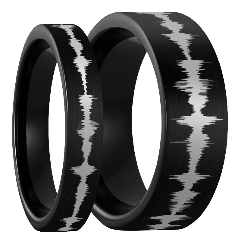 Designer rings for women-Custom Soundwave Brushed Black Tungsten Couple's Matching Ring Set