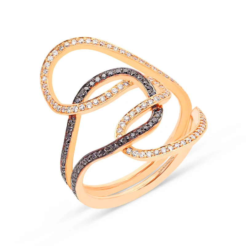 Women’s multi-stone engagement rings-White and Black Diamond Abstract Loop Ring in Rose Gold