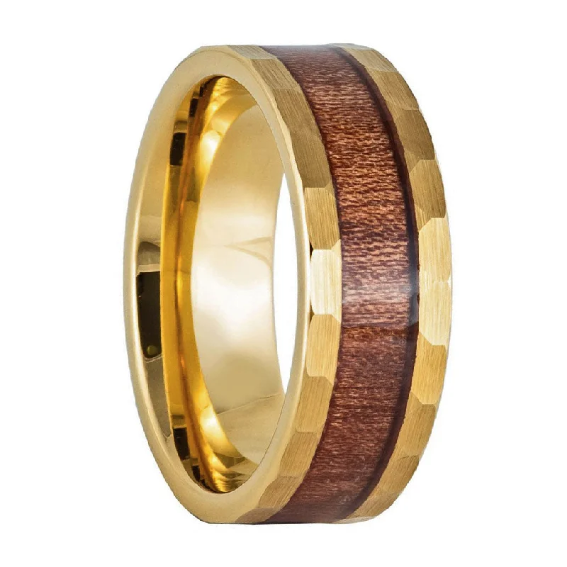 Vintage rings for women-Gold Hammered Tungsten Men's Wedding Band with Wood Inlay