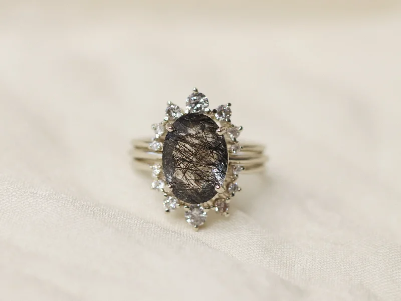 Women’s pave engagement rings-Supernova Bridal Set with Black Rutilated Quartz and Salt and Pepper Diamonds