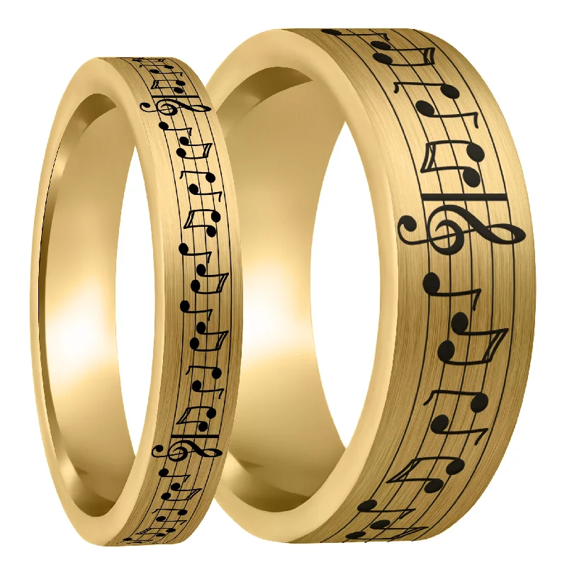 Women’s vintage wedding rings-Custom Song Music Notes Brushed Gold Tungsten Couple's Matching Ring Set