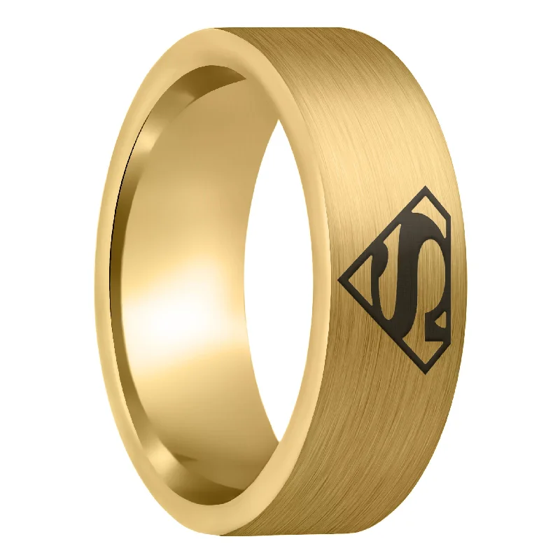 Women’s diamond band rings-Superman Brushed Gold Tungsten Men's Wedding Band