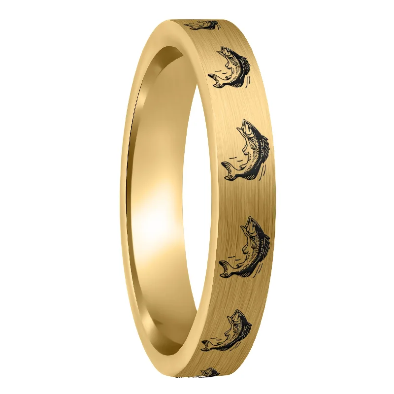 Women’s modern rings-Bass Fish Brushed Gold Tungsten Women's Wedding Band