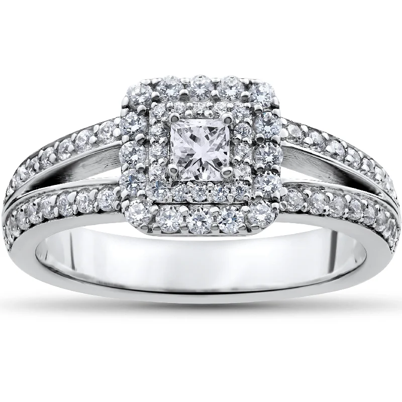 Women’s brilliant-cut engagement rings-1 ct Princess Cut Diamond Double Halo Engagement Ring 14k White Gold