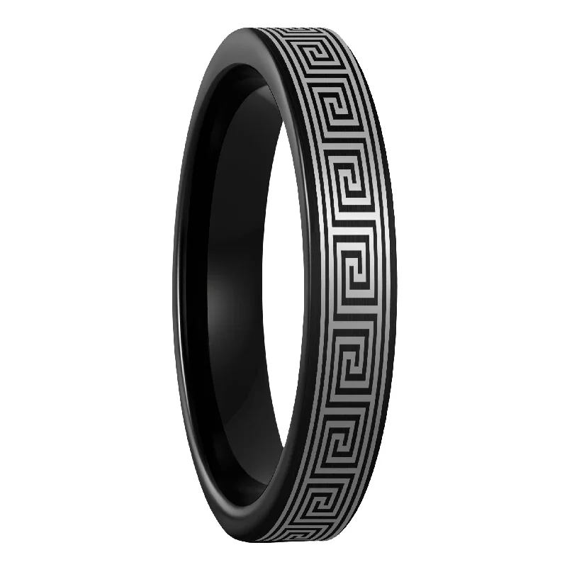 Unique women’s wedding rings-Greek Key Brushed Black Tungsten Women's Wedding Band