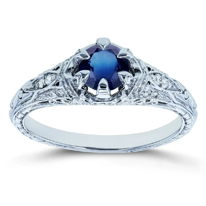 Women’s cushion-cut diamond engagement rings-Annello by Kobelli 14k White Gold 5/8ct TGW Sapphire and Diamond 6-Prong Antique Engagement Ring