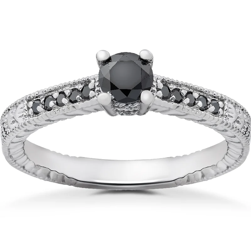 Women’s custom engagement rings-1/2 ct Black Diamond Vintage Engagement Ring 14k White Gold