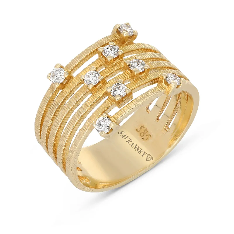 Women’s side stone engagement rings-Bypass Yellow Gold Multi Row Orbit-Style Diamond Ring